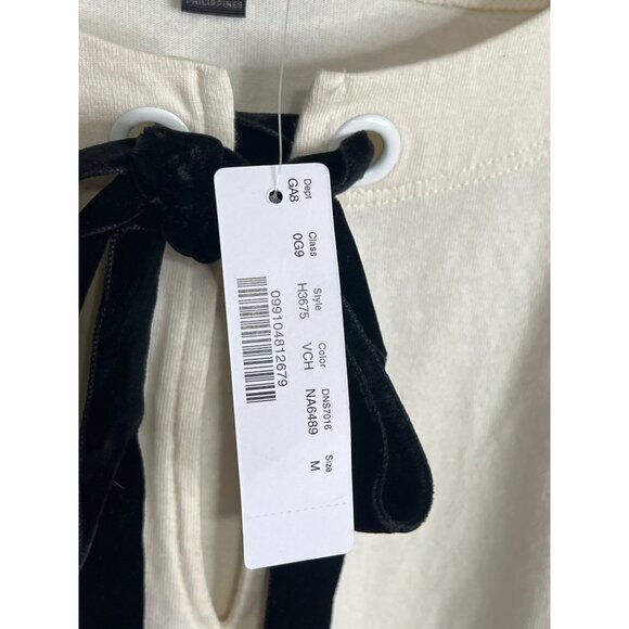 J. Crew Womens Ivory Long Sleeve Top With Black Velvet Bow Tie Detail Size M - Picture 6 of 9